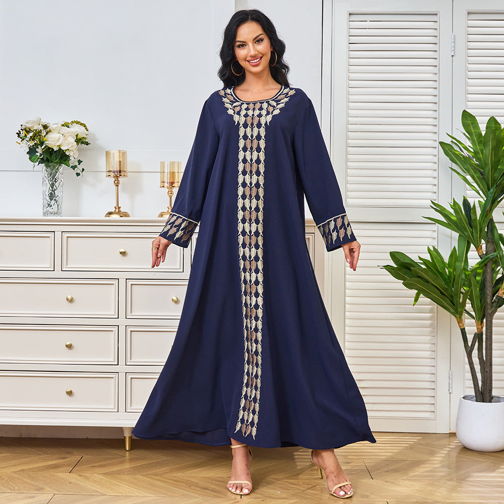 Robe Longue Brodée Col Rond – Manches Longues & Coupe Ample