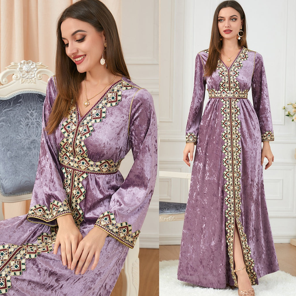 Robe Longue Velours Doré – Col V, Manches Longues & Coupe Ample Automne-Hiver