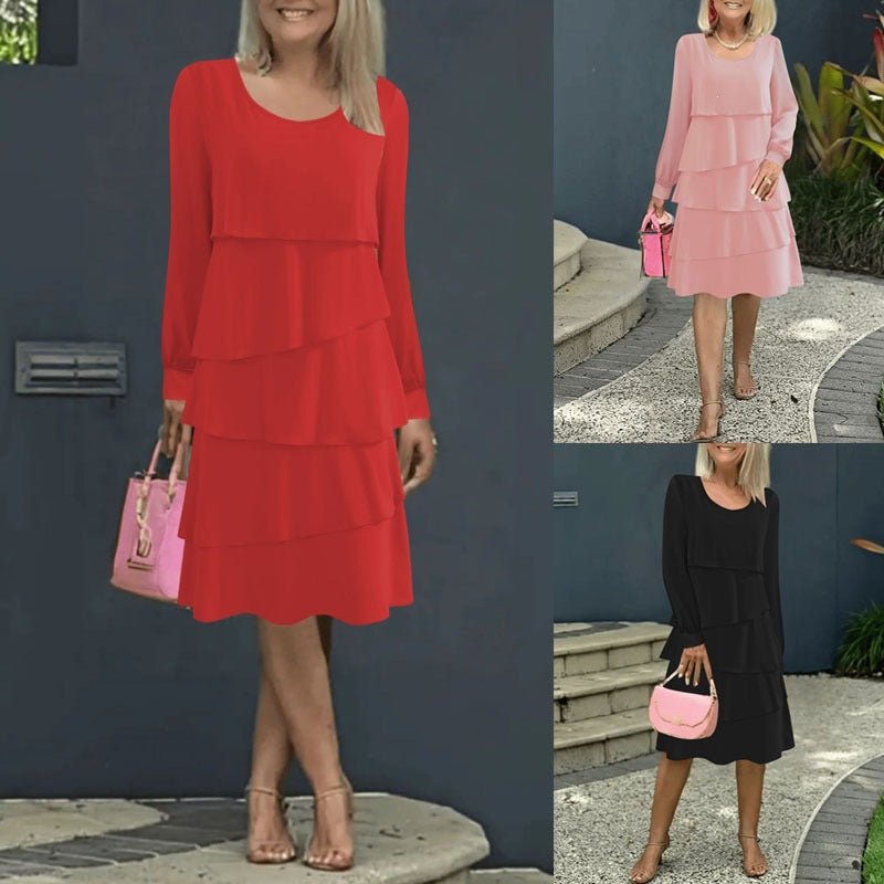 Robe Midi Plissée Style Cake – Manches Longues, Col Rond & Coupe Élégante