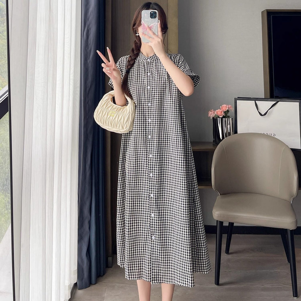 Robe chemise à carreaux noir et blanc – Style japonais rétro, manches courtes