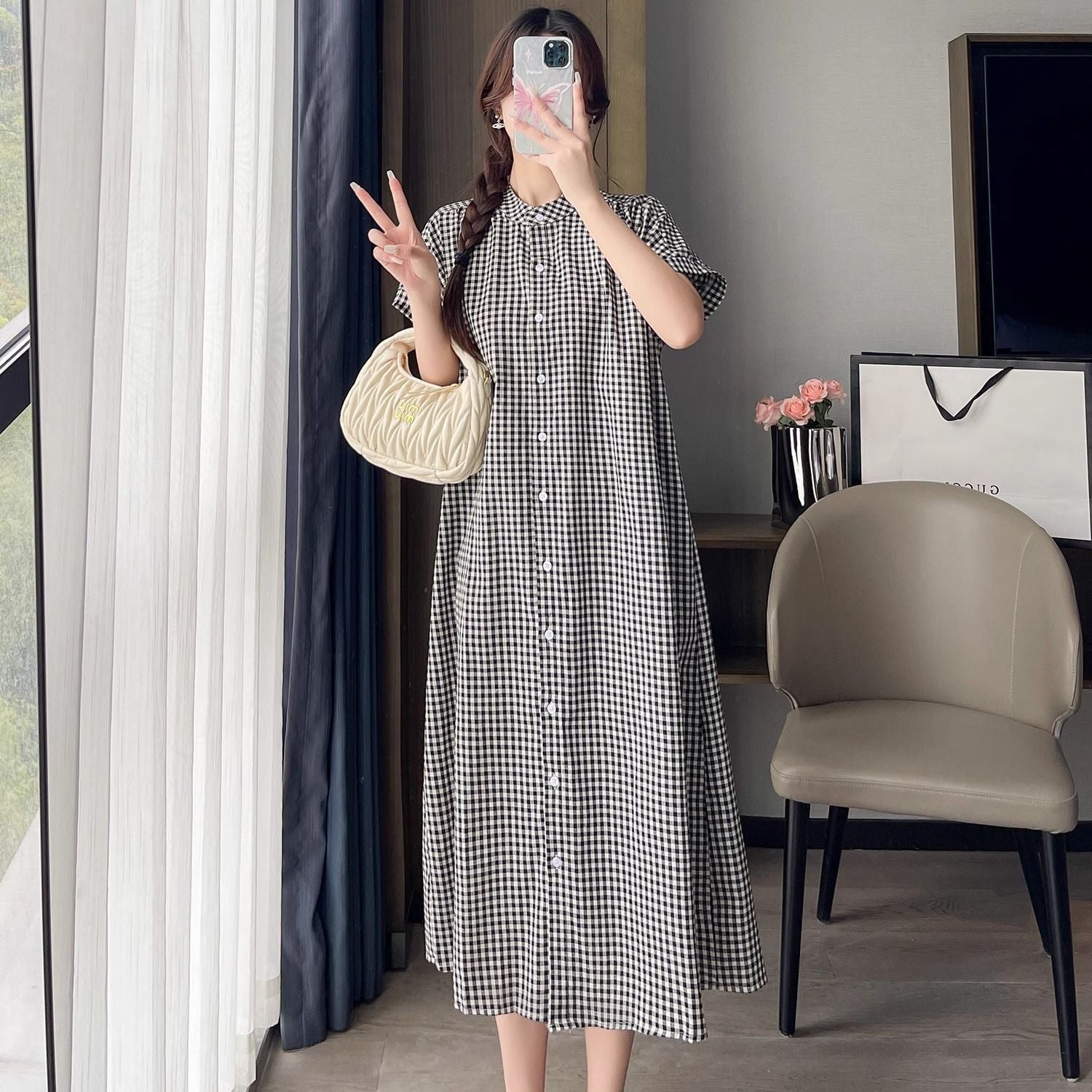 Robe chemise à carreaux noir et blanc – Style japonais rétro, manches courtes
