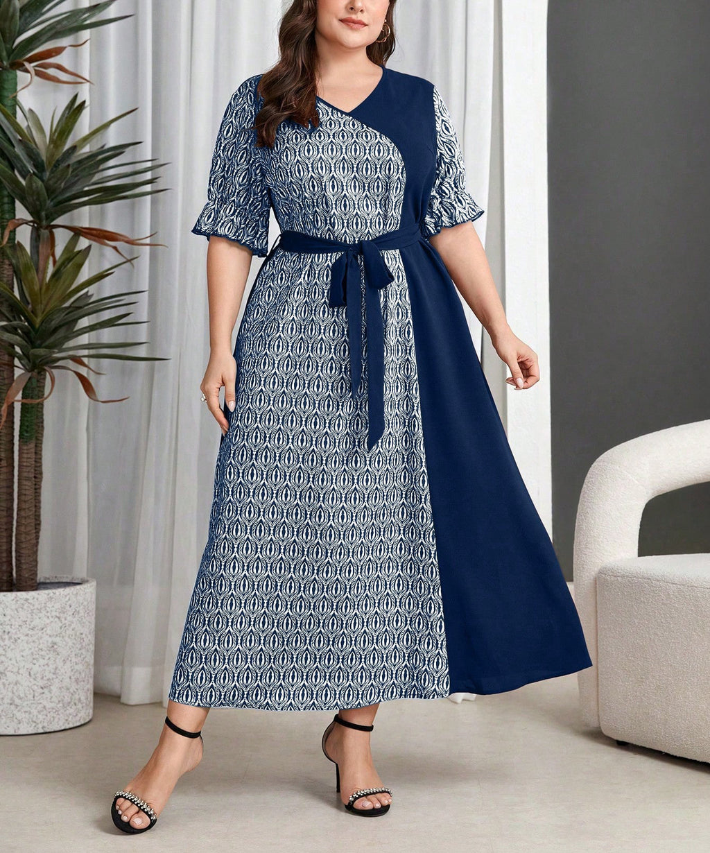 Robe Longue Vintage Col V Noué – Taille Haute, Manches 3/4 & Grande Taille
