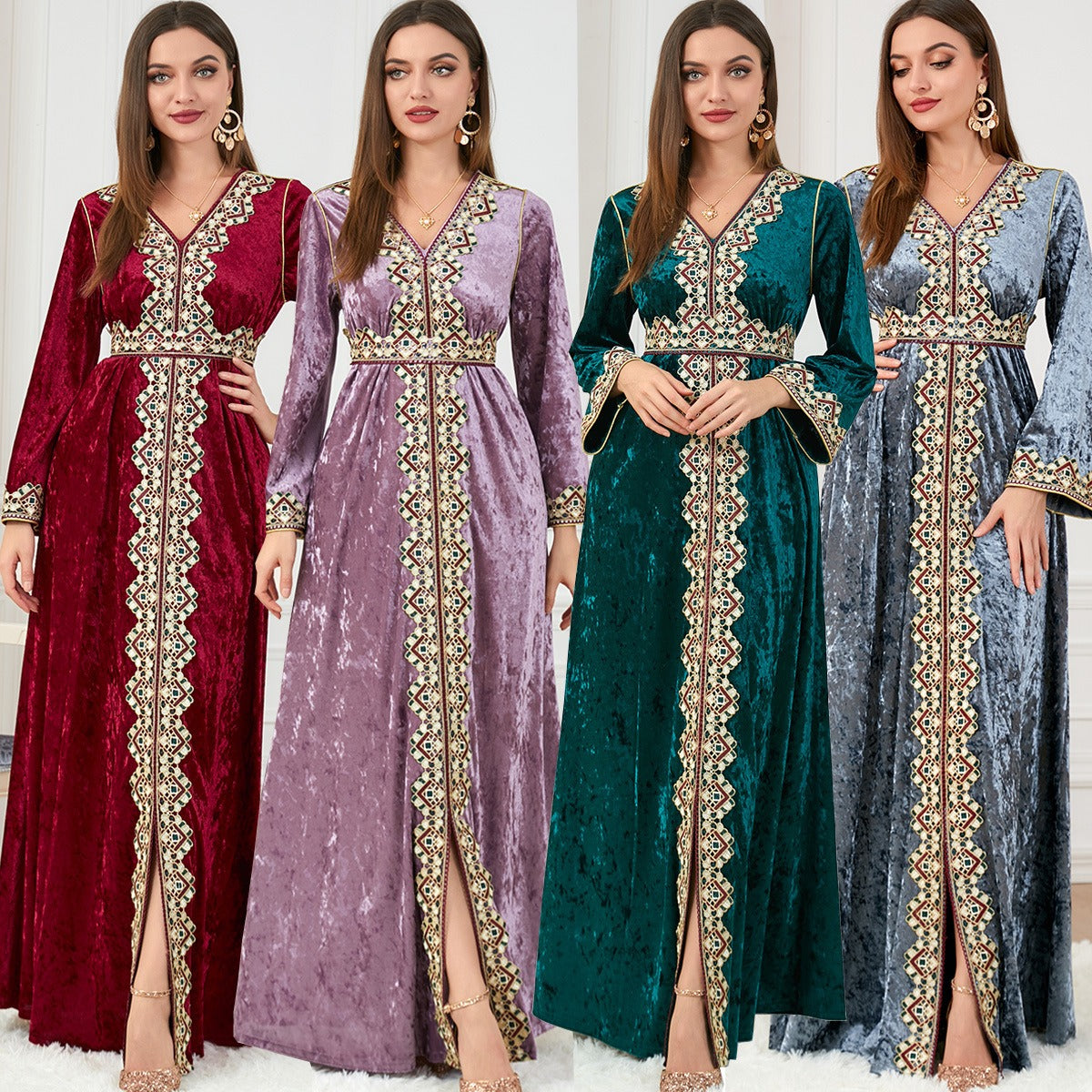 Robe Longue Velours Doré – Col V, Manches Longues & Coupe Ample Automne-Hiver