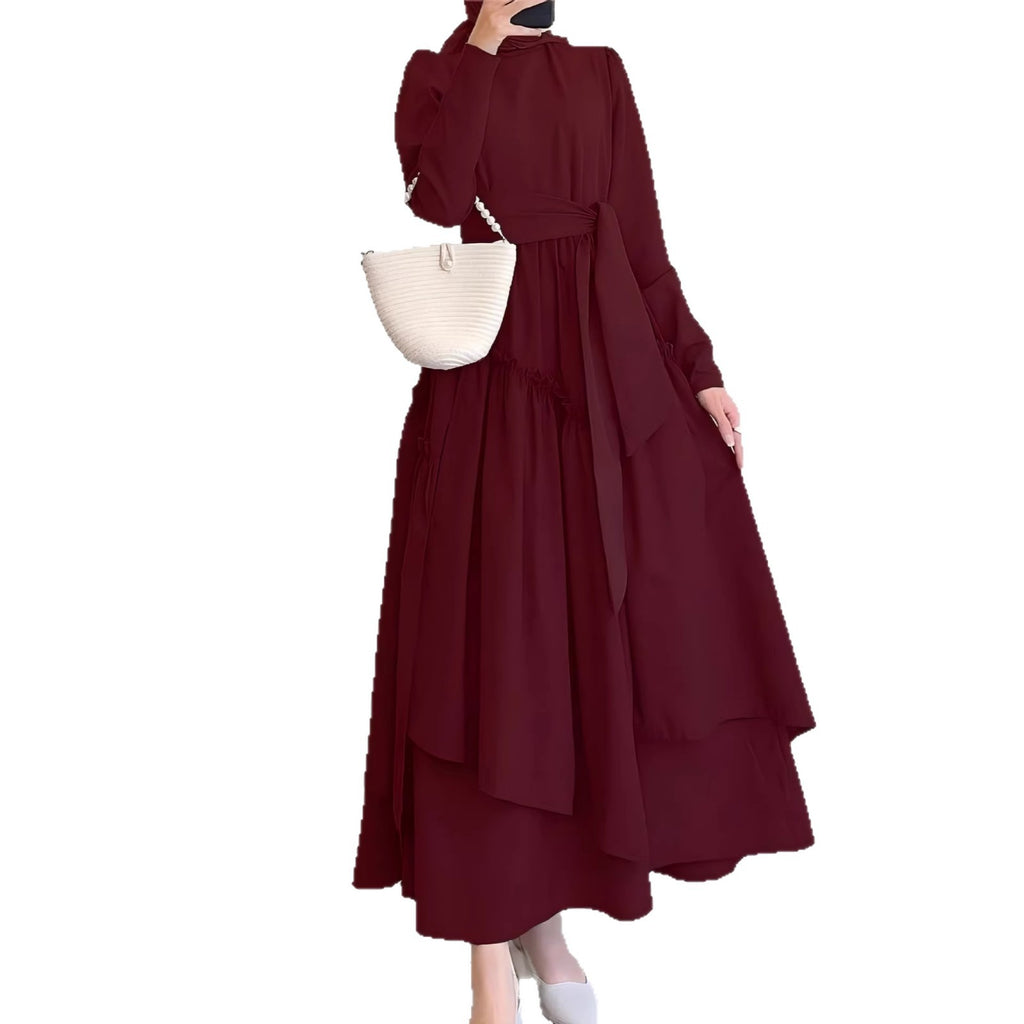 Robe Maxi Bordeaux – Col Montant, Manches Longues & Taille Cinée