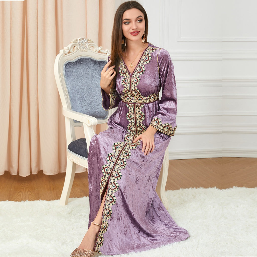Robe Longue Velours Doré – Col V, Manches Longues & Coupe Ample Automne-Hiver