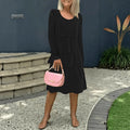 Robe Midi Plissée Style Cake – Manches Longues, Col Rond & Coupe Élégante