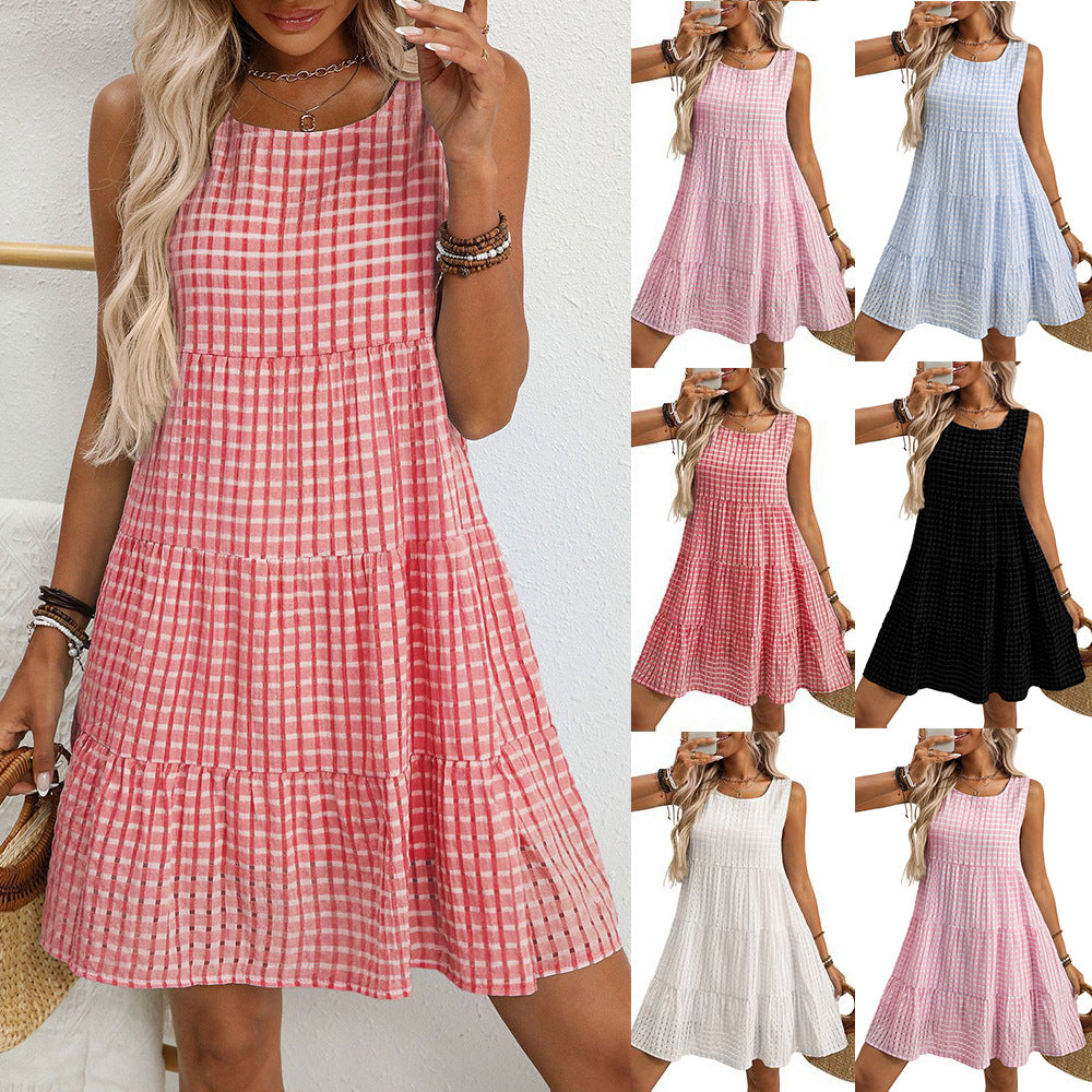 Robe À Carreaux Sans Manches – Coupe Ample & Décontractée, Grande Taille