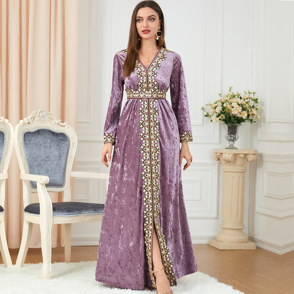 Robe Longue Velours Doré – Col V, Manches Longues & Coupe Ample Automne-Hiver