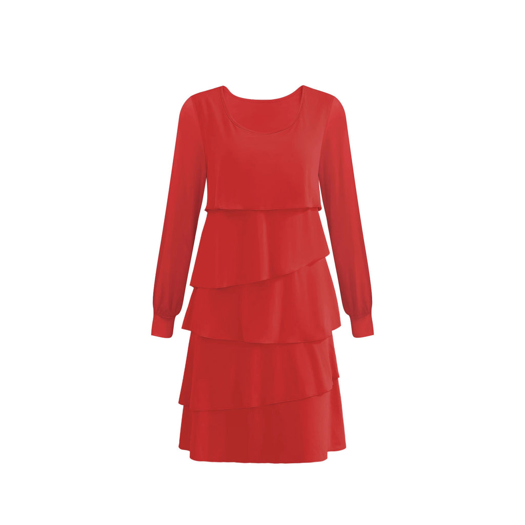 Robe Midi Plissée Style Cake – Manches Longues, Col Rond & Coupe Élégante