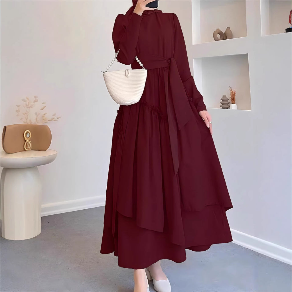 Robe Maxi Bordeaux – Col Montant, Manches Longues & Taille Cinée