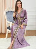 Robe Longue Velours Doré – Col V, Manches Longues & Coupe Ample Automne-Hiver