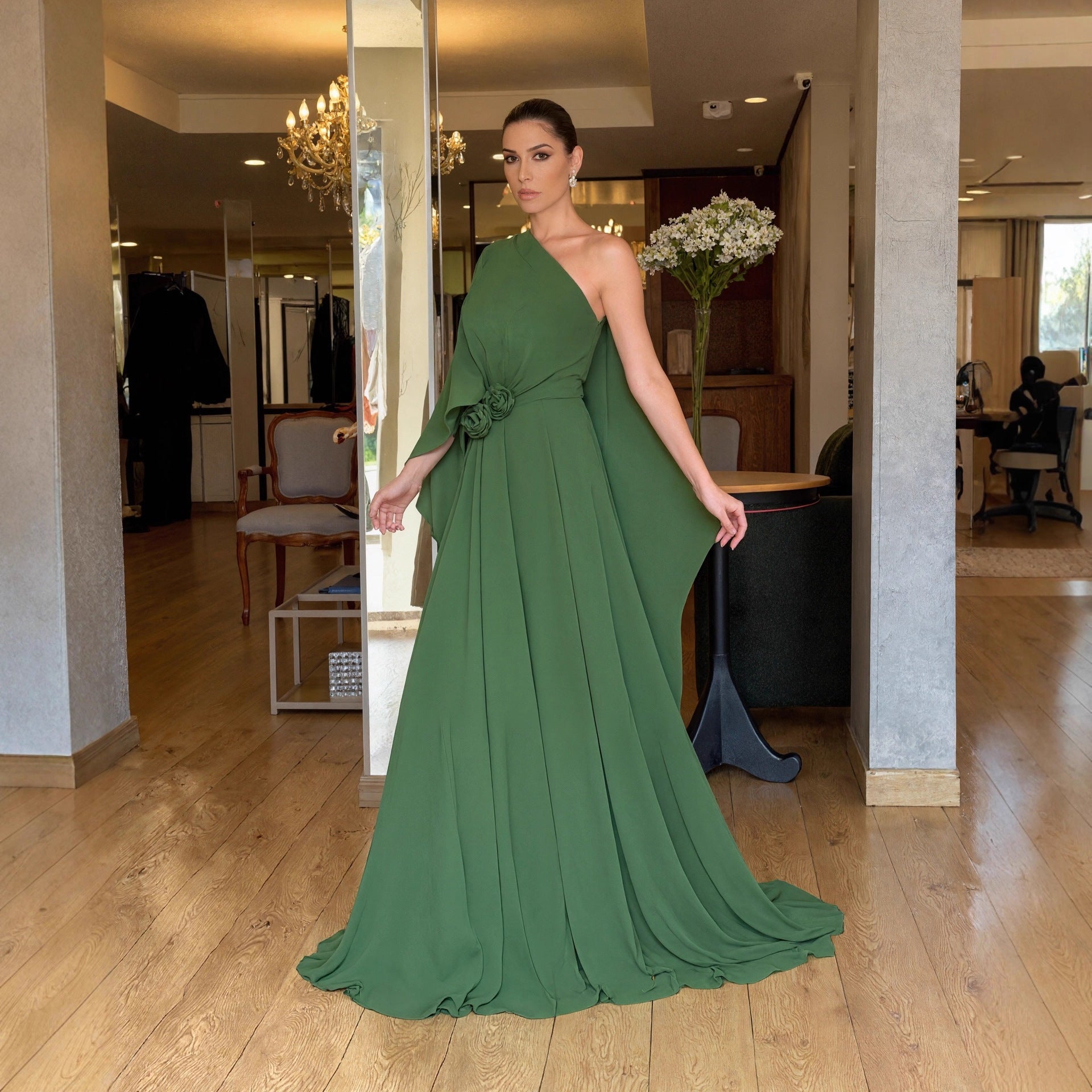 Robe Maxi Chiffon Épaule Asymétrique – Coupe Ample, Taille Haute & Style Chic
