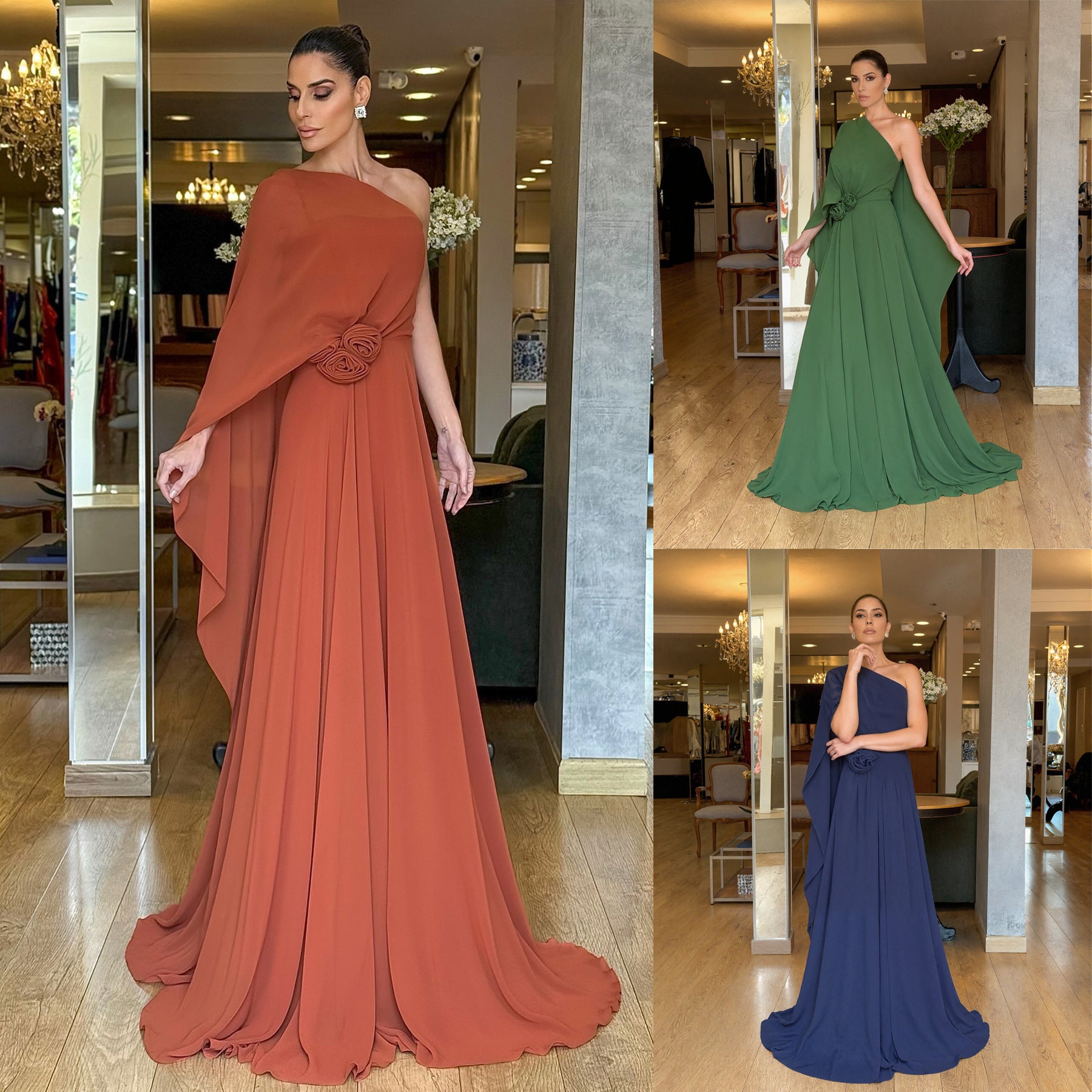 Robe Maxi Chiffon Épaule Asymétrique – Coupe Ample, Taille Haute & Style Chic