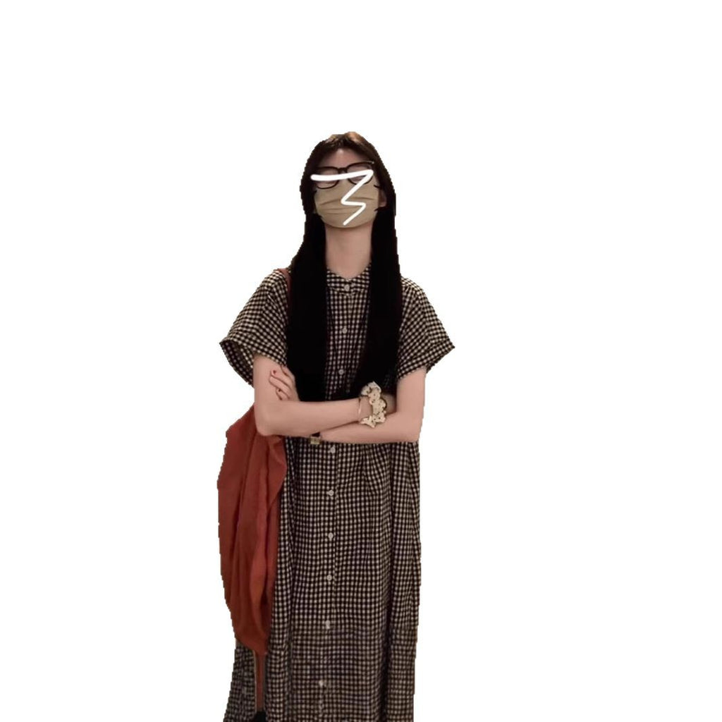 Robe chemise à carreaux noir et blanc – Style japonais rétro, manches courtes
