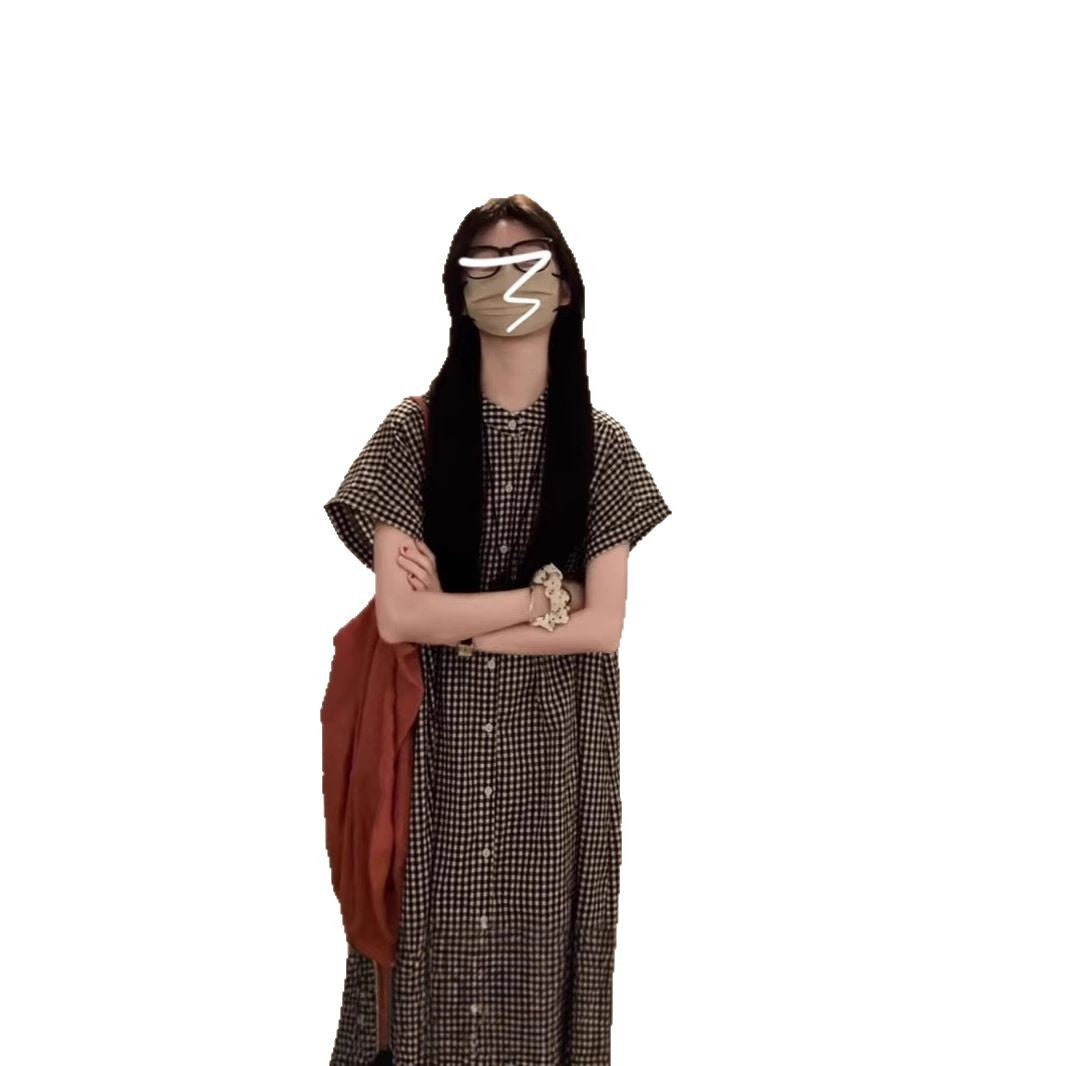 Robe chemise à carreaux noir et blanc – Style japonais rétro, manches courtes