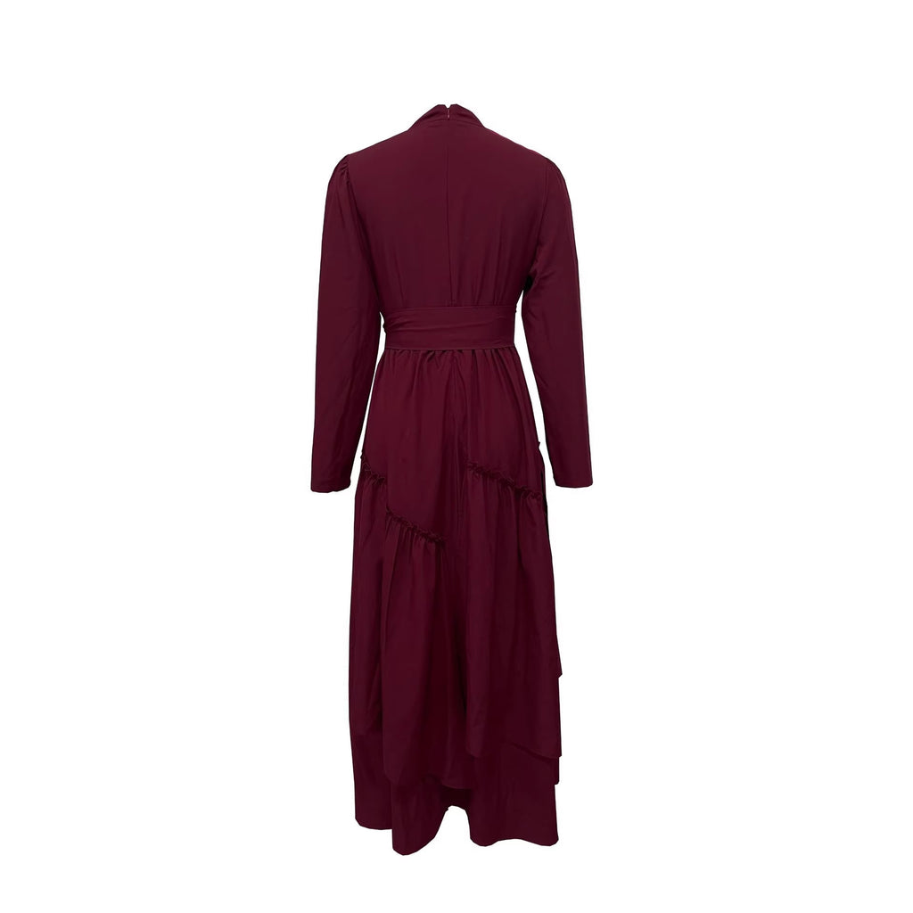 Robe Maxi Bordeaux – Col Montant, Manches Longues & Taille Cinée