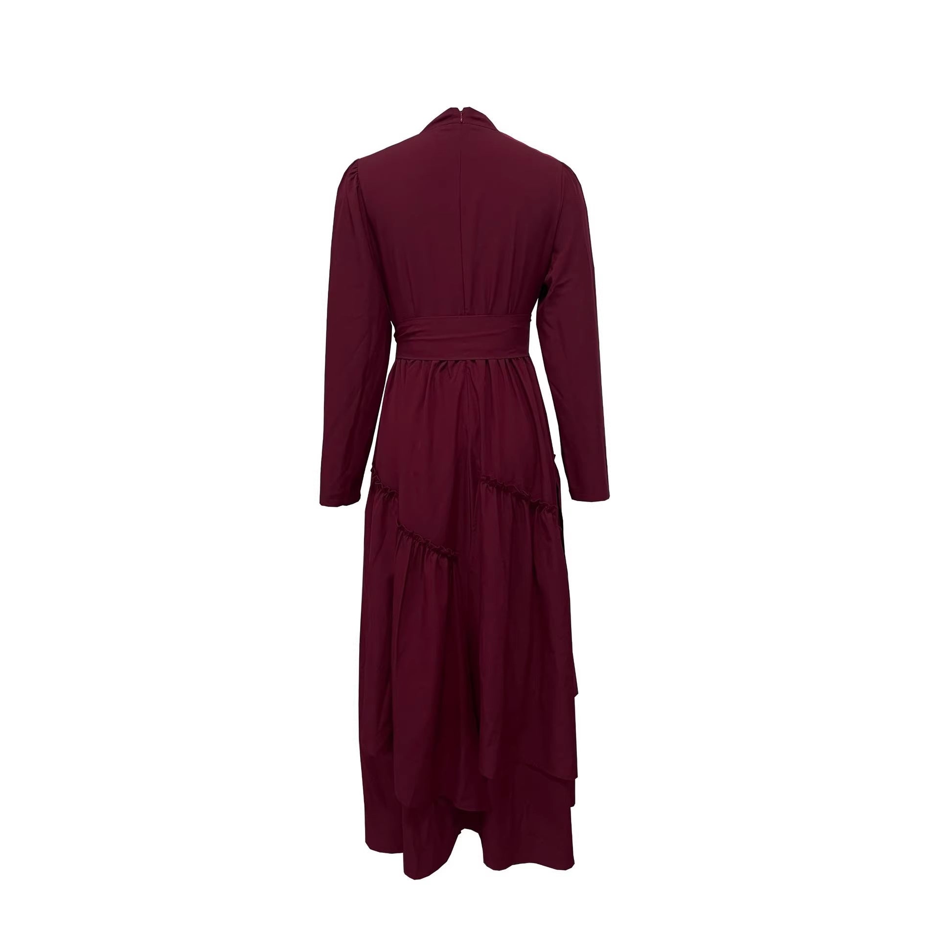 Robe Maxi Bordeaux – Col Montant, Manches Longues & Taille Cinée