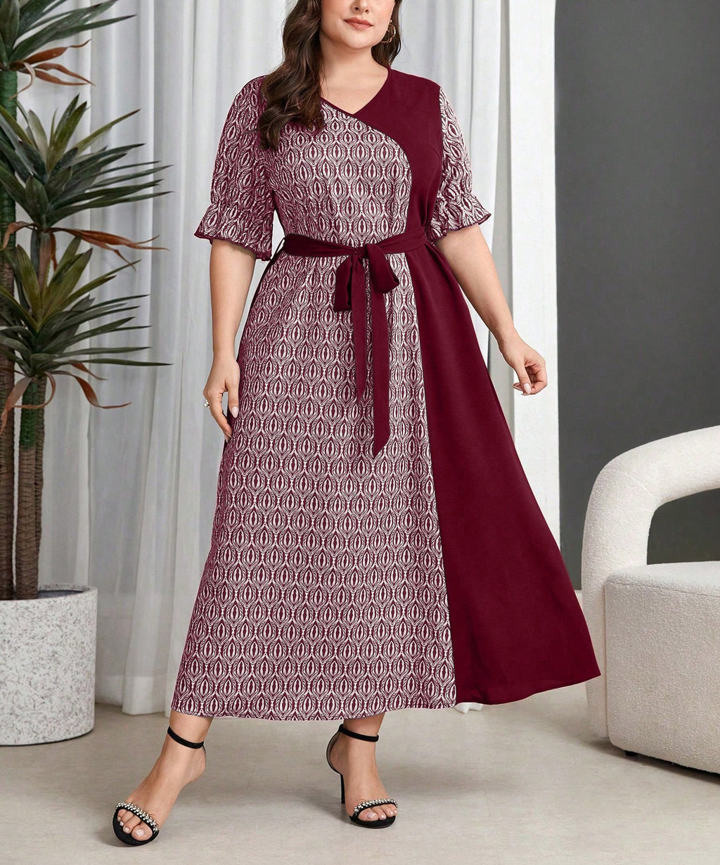 Robe Longue Vintage Col V Noué – Taille Haute, Manches 3/4 & Grande Taille