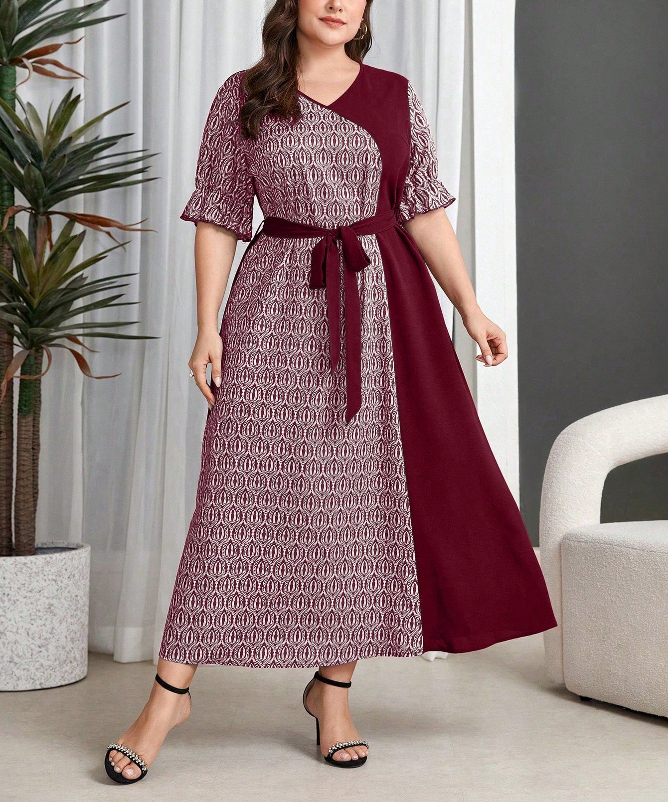 Robe Longue Vintage Col V Noué – Taille Haute, Manches 3/4 & Grande Taille