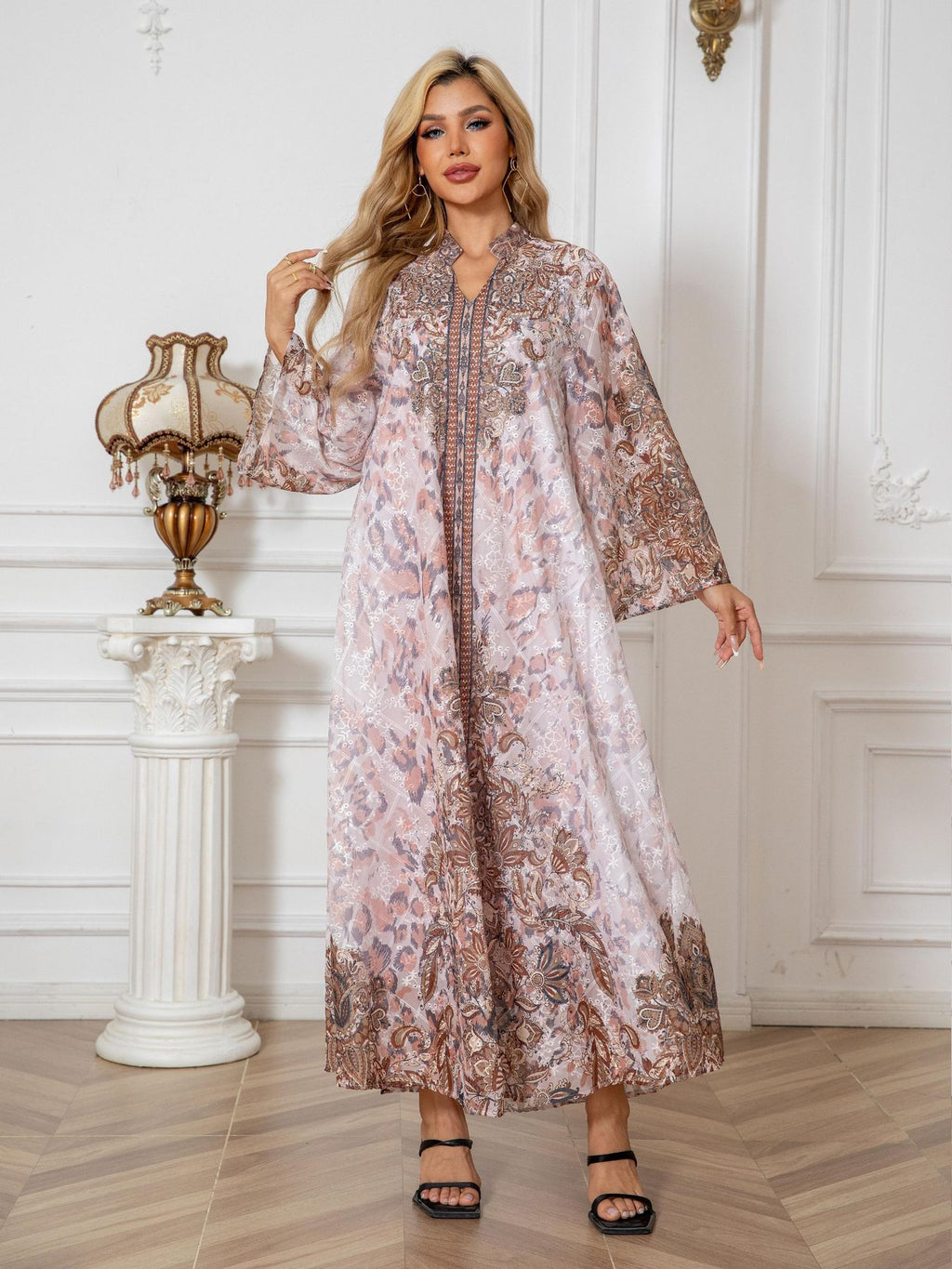 Robe Longue Col V – Manches Longues, Coupe Ample & Confortable