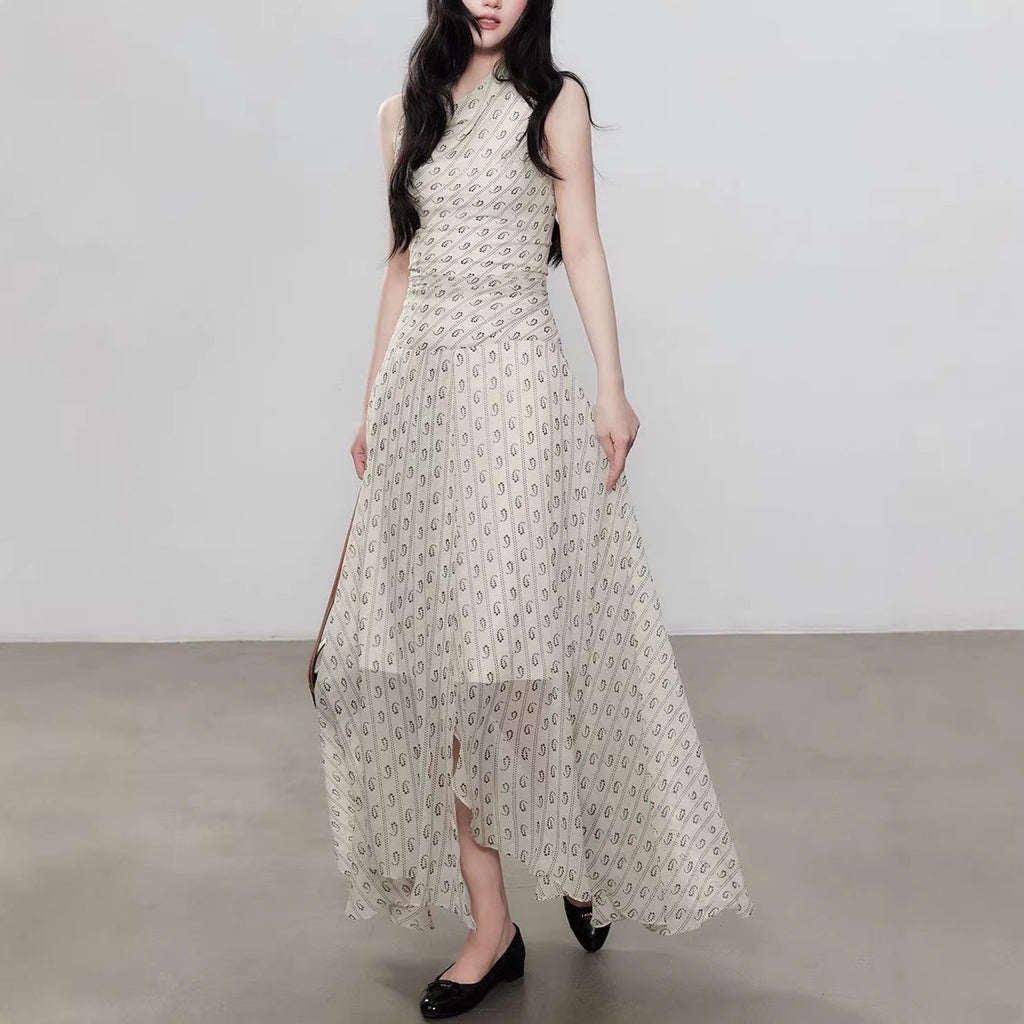Robe Longue Imprimée Beige – Taille Haute & Coupe Fluide Sans Manches