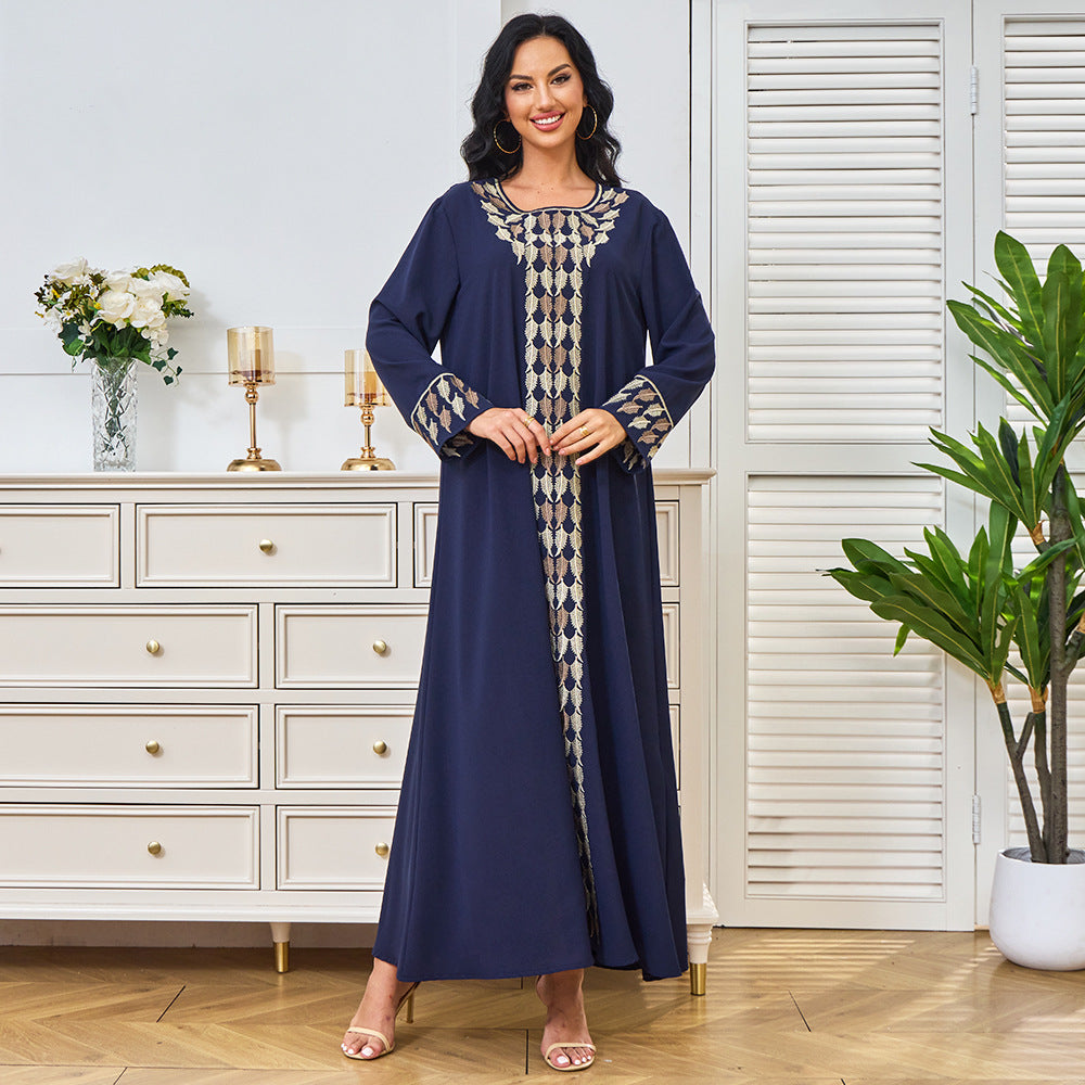 Robe Longue Brodée Col Rond – Manches Longues & Coupe Ample