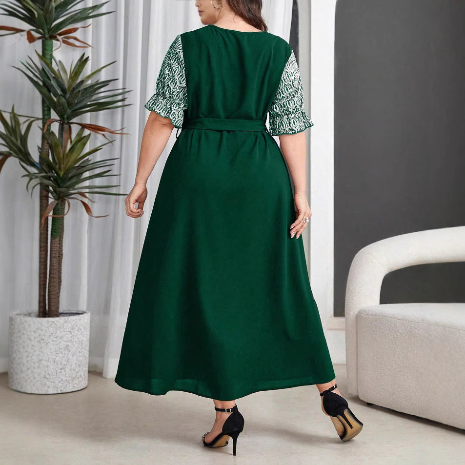 Robe Longue Vintage Col V Noué – Taille Haute, Manches 3/4 & Grande Taille