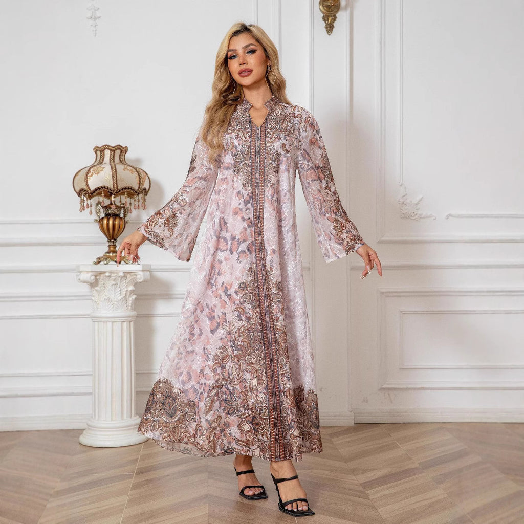 Robe Longue Col V – Manches Longues, Coupe Ample & Confortable