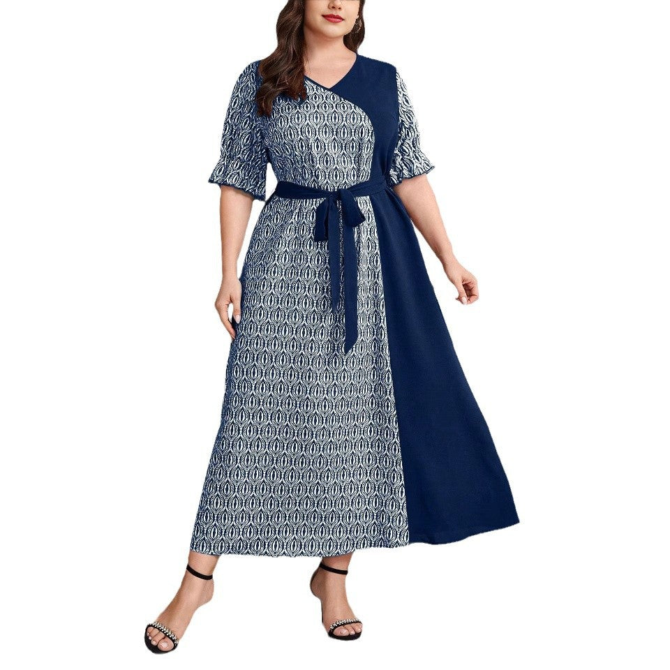 Robe Longue Vintage Col V Noué – Taille Haute, Manches 3/4 & Grande Taille