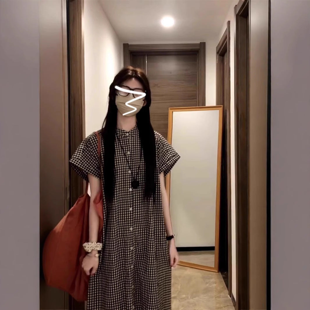 Robe chemise à carreaux noir et blanc – Style japonais rétro, manches courtes