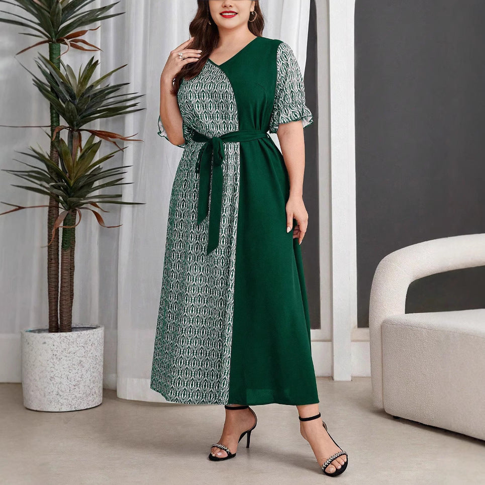 Robe Longue Vintage Col V Noué – Taille Haute, Manches 3/4 & Grande Taille