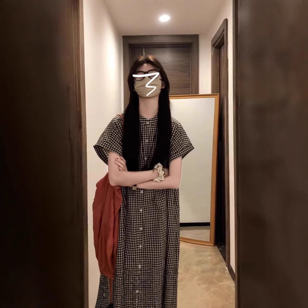 Robe chemise à carreaux noir et blanc – Style japonais rétro, manches courtes