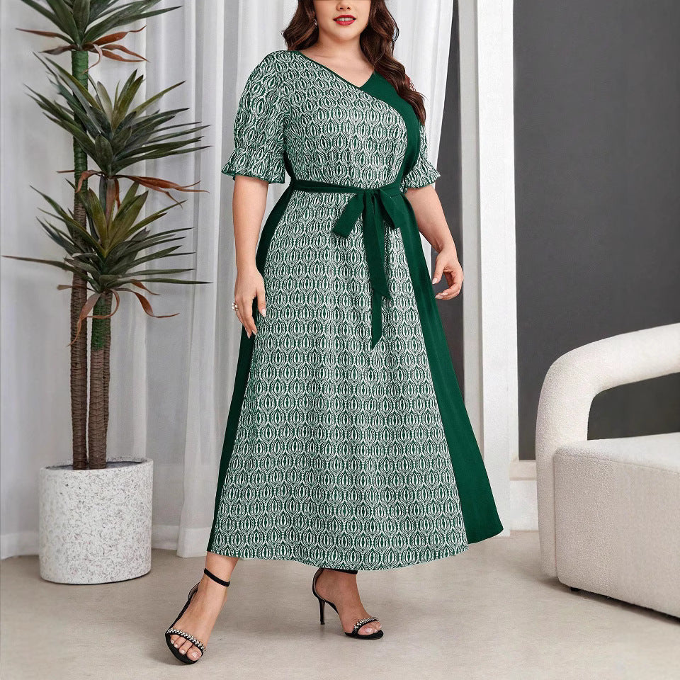 Robe Longue Vintage Col V Noué – Taille Haute, Manches 3/4 & Grande Taille