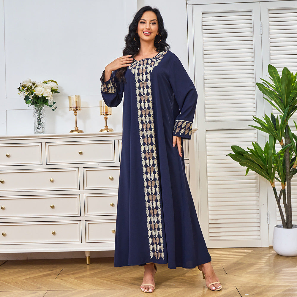 Robe Longue Brodée Col Rond – Manches Longues & Coupe Ample