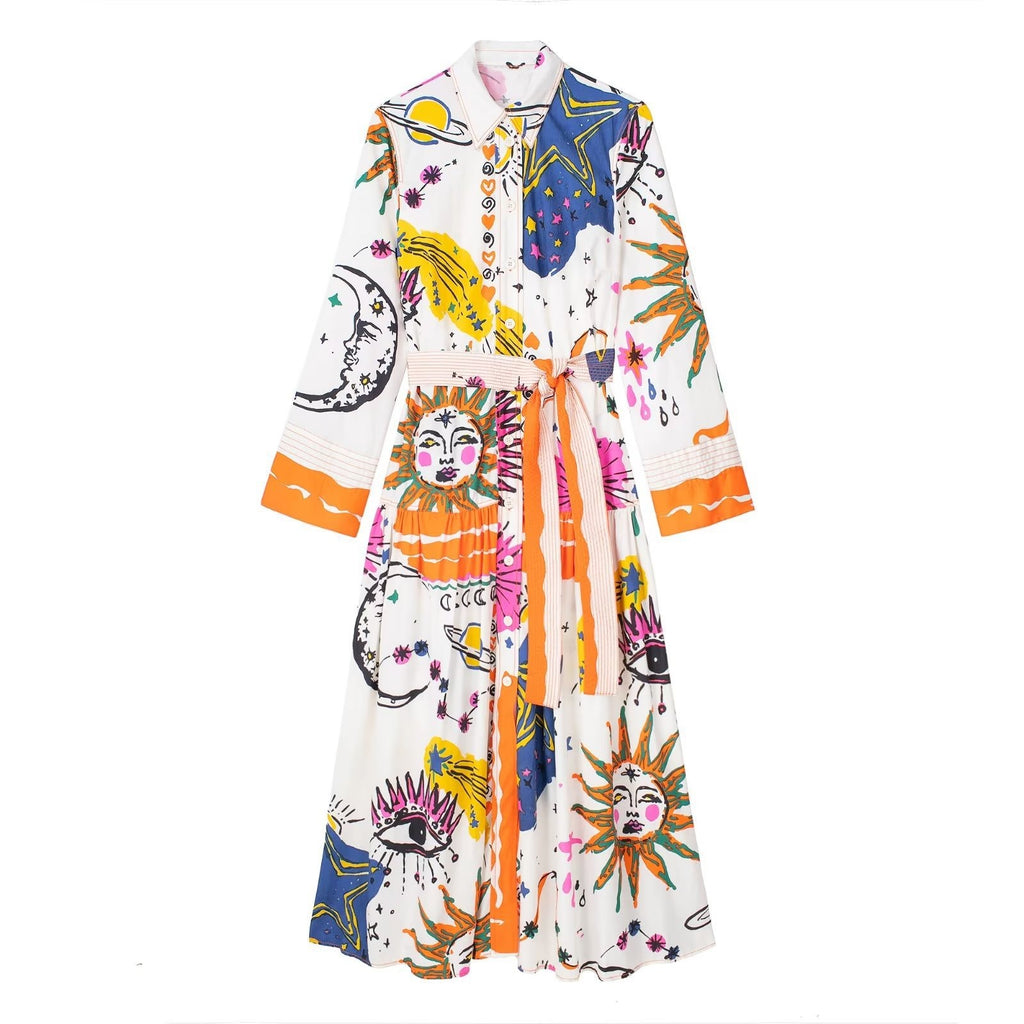 Robe longue imprimée avec ceinture – Style européen et américain
