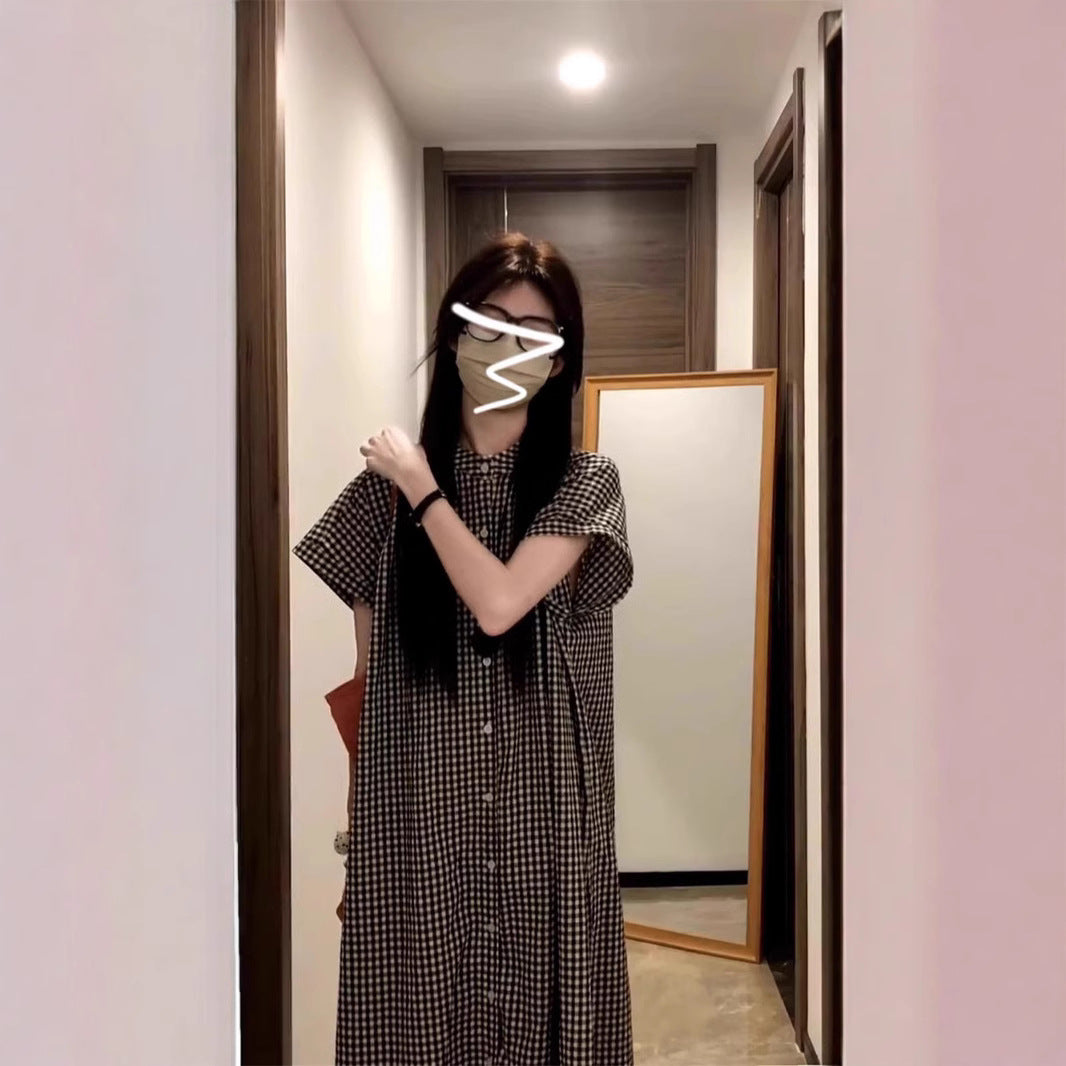 Robe chemise à carreaux noir et blanc – Style japonais rétro, manches courtes