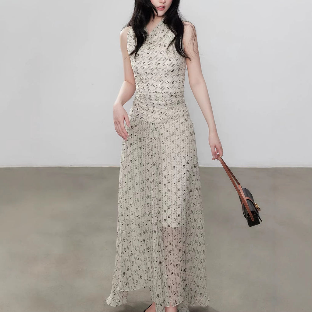 Robe Longue Imprimée Beige – Taille Haute & Coupe Fluide Sans Manches