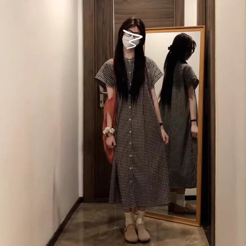 Robe chemise à carreaux noir et blanc – Style japonais rétro, manches courtes