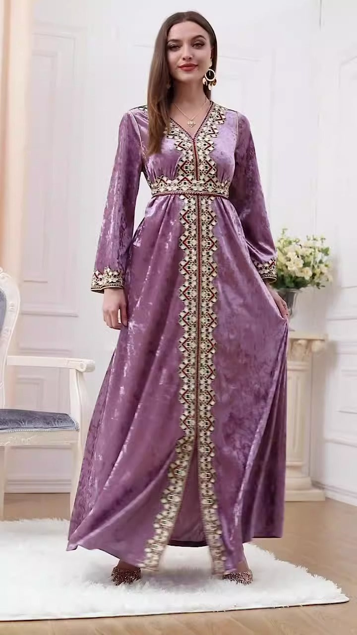 Robe Longue Velours Doré – Col V, Manches Longues & Coupe Ample Automne-Hiver