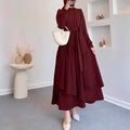 Robe Maxi Bordeaux – Col Montant, Manches Longues & Taille Cinée